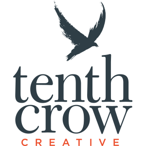Tenth Crow Creative logo with dark grey picture of crow above text
